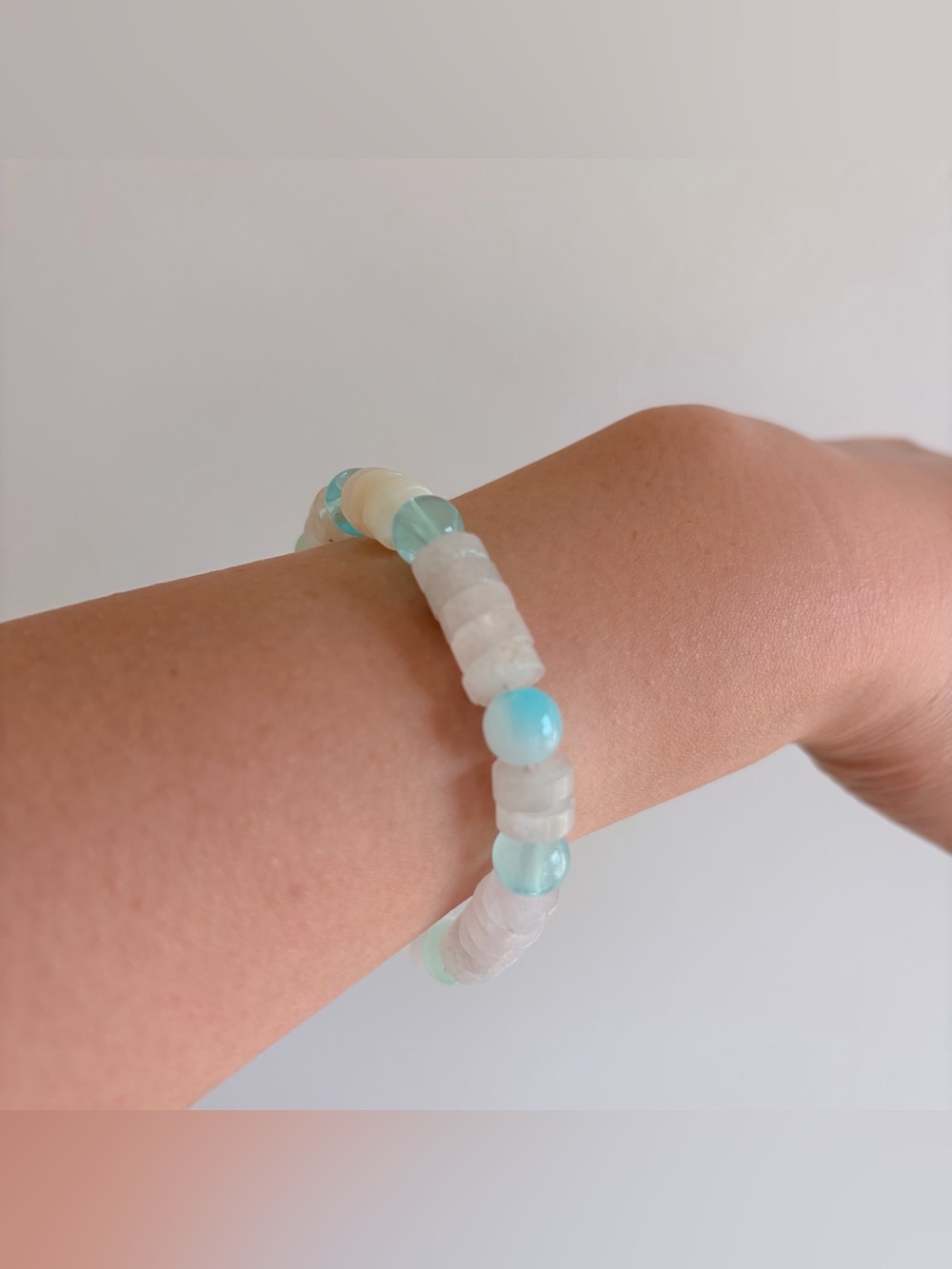 Translucent White and Aqua Beaded Stretch Bracelet